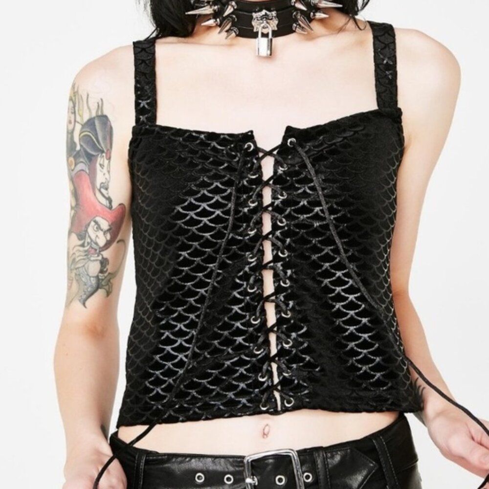 Killstar Black Sea Vest Lace Up Tank Top Mermaid Size Large Goth Witch